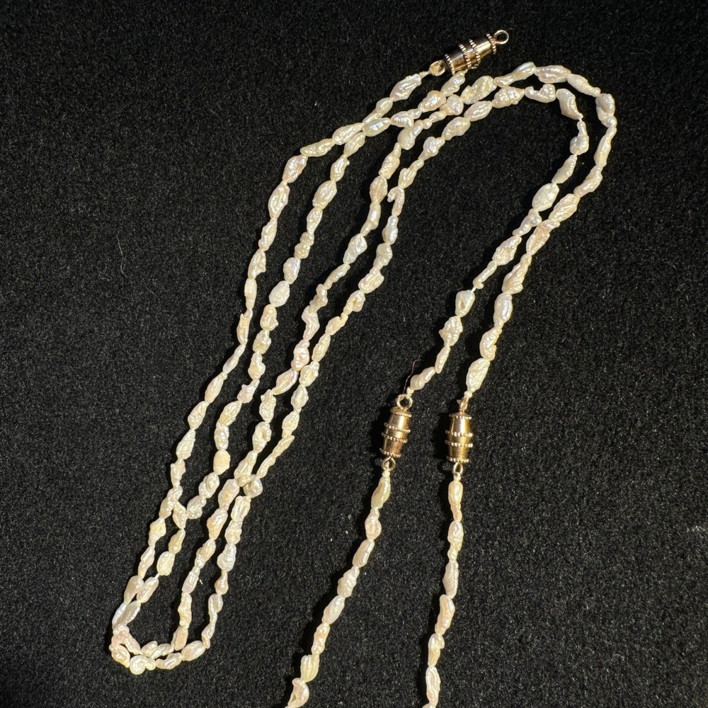 Vintage White Freshwater Rice Pearl Multi Strand Necklace Gold Tone Barrel Clasp